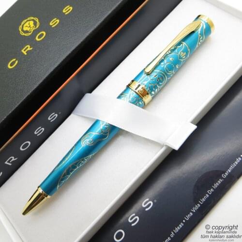 Cross AT0312-22 Sauvage Monkey Brushed Cyan Blue Gold Ballpoint Pen | İsme Special Pen