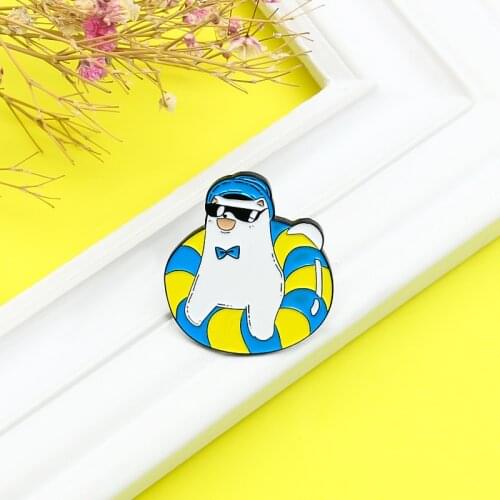 White animals in summer Enamel Brooch Yellow blue Swimming ring The Cat in the Hat Cool glasses Lapel Pin Cute kitten Fun Badge