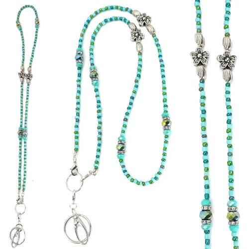 Womens Fashion Blue Glass Beads Lanyard Necklace ID Badge Holder Necklace Lanyards with ID Holder Keychain Holder