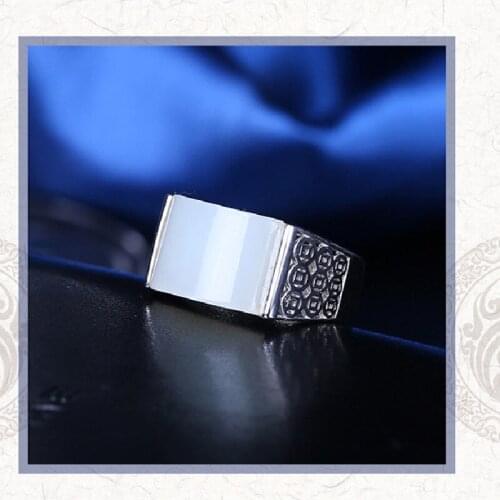 S925 Sterling Silver Inlaid Natural Xinjiang Hetian Jade White Jade Ring Male