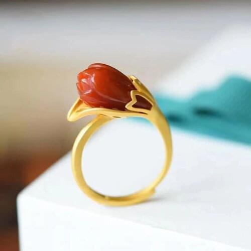 Natural Hetian Jade South Red Jade Gold Orchid Ring High-End Elegant South Red Magnificent Open End Ring Gold Ornament for Women
