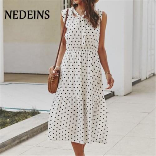NEDEINS 2020 Women Print Sleeveless Long Dress Summer High Waist Polka Dot Dress Ruffle Casual Bowtie Dresses Boho