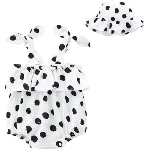 Infant Clothes Summer New Cute Newborn Baby Girls Sleeveless Polka Dot Pure Cotton Princess Clothes Bodysuit + Hat Sets Outwear