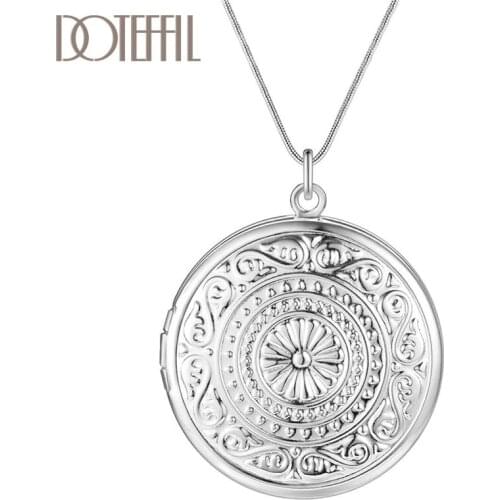 DOTEFFIL 925 Sterling Silver Snake Chain Round Photo Frame Necklace For Women Men Fashion Wedding Party Charm Jewelry