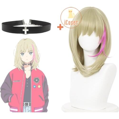 Anime Wonder Egg Priority Rika Kawai Cosplay Wig Blond Pink Wig Black Cross Choker Harajuku Accessory Heat Resistant Hair Women