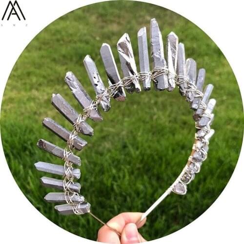 Silvery Wire Wrapped Silvery Quartz Crystal Point Tiara Crown Headband Women Crystal Crown Tiara Metal Hair Jewelry HG039AMCI