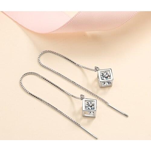 Silver 925 Original Brilliant Cut Diamond Test Total 2-4 Carat D Color Moissanite Square Shape Drop Earrings Gemstone Jewelry