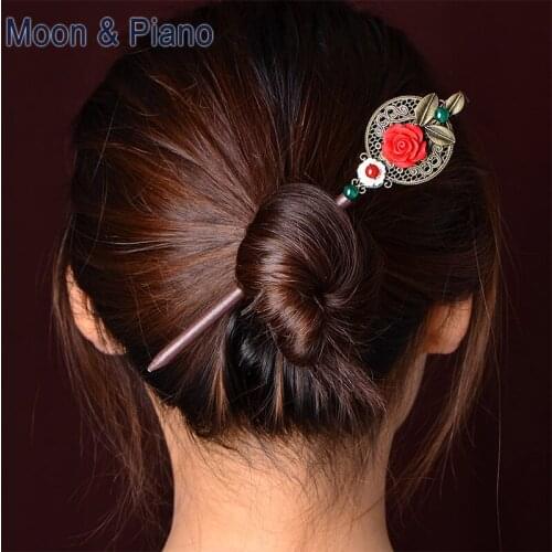 Ethnic Style Hairpin Retro Red Colour Flower Temperament Ladies Costume Performance Jewelry Hairpin for Women Birthday Present