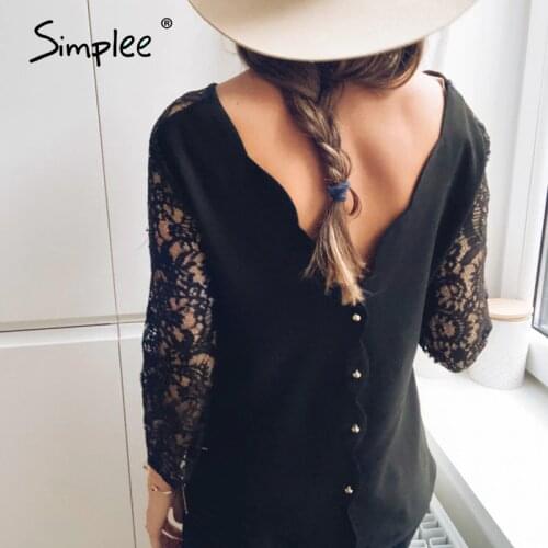Simplee Elegant V-neck women blouse shirt Sexy lace embroidery female top blouse Two-way wear ladies button blouse tops 2020
