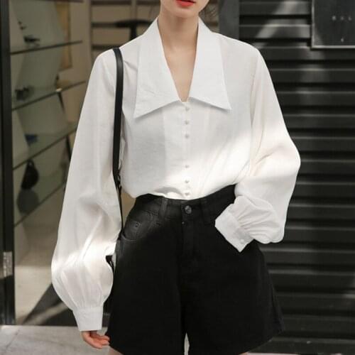 QoerliN Black Chiffon Blouse Women Turn-Down Collar Single-Breasted Lanter Sleeve Tops Shirt Female Plus Size OL Style White Top