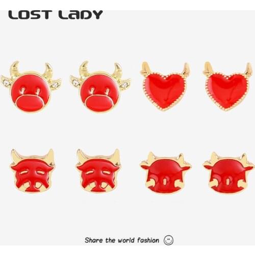 Lost Lady New Fashion Enamel Red Color Heart Stud Earrings For Women Alloy Cattle Pattern Earrings Wholesale Accories Party Gift