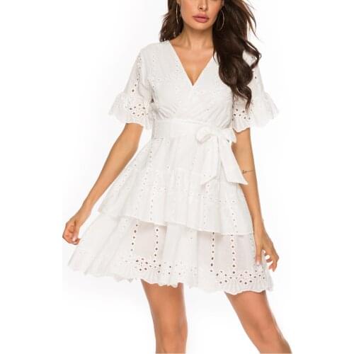 2021 White Lace Elegant Mini Dress Floral Embroidery Summer Dresses Women Long Sleeve Loose Tie Up Dress Ladies Vestidos