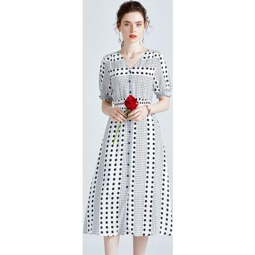 White Black Polka Dot Floral Silk Dresses Women 2021 Summer Long Casual Sexy Office Work Daily Dress Plus Size Slim Fit A Line