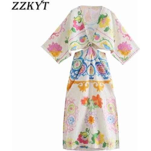 ZZKYT 2021 Women Summer Vintage Floral Print Hollow Out Midi Dress Fashion V Neck Short Sleeve Female Party Dresses Vestidos