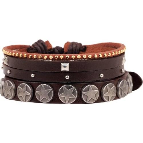 2pcs/set Wholesale Boho Gypsy Hippie Punk Dark Brown Leather Vintage Silver Color Star Rivets Charm Adjustable Bracelets for Man