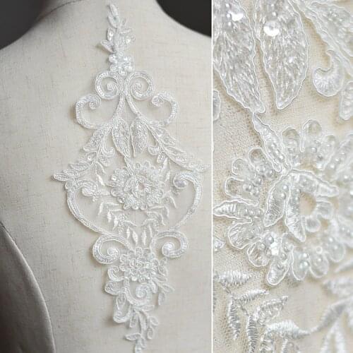 2pcs/lot White Bridal Lace Fabric Applique Flower Floral Mesh Beaded Lace Applique with Pearl Beads Lace Motifs