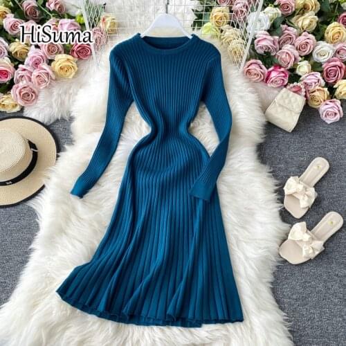 2020 autumn winter new womens chic o neck long sleeve knitted dress female elegant sweater A-line dresses