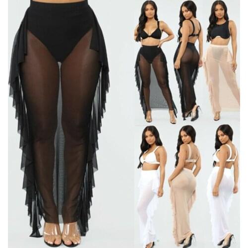 2020 Sexy Women Beach Cover Ups See Through Ruffle Pants Mesh Sheer Long Pants Bikini Cover Up Bottoms Swimsuit Swimwear pants