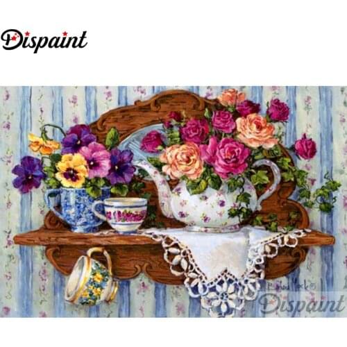 Dispaint Diamond Painting Cross Stitch "Color flower teacup" Full Crystal Diamond Embroidery Needlework Craft Home Decor A11677