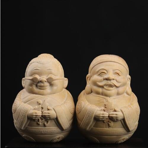 Boxwood 7.5cm Elder Sculpture Grandpa Grandma Wood Statue Lucky Birthday Gift Home Decor