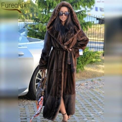 FUREALUX New Fashion Real Natural Mink Fur Coat Imported Chinese Coffee Color With Fur Hood Womens Long Warm Casual Jacket