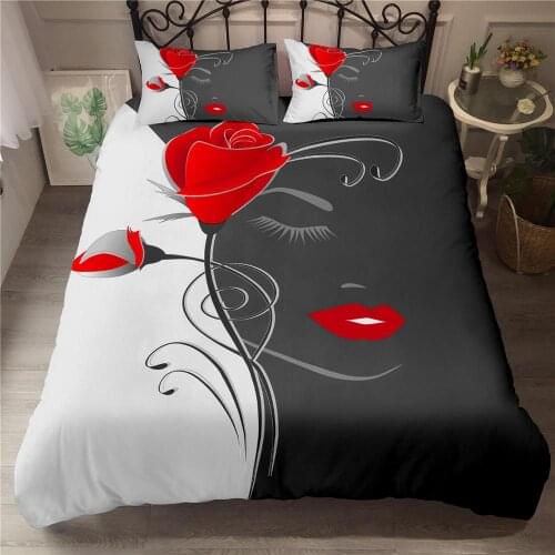 3D Rose Flower Bedding Set Woman And Flowers Duvet Cover Red Black Comforter Sets Bed Linen Set King Queen Sizes 2/3 Pcs