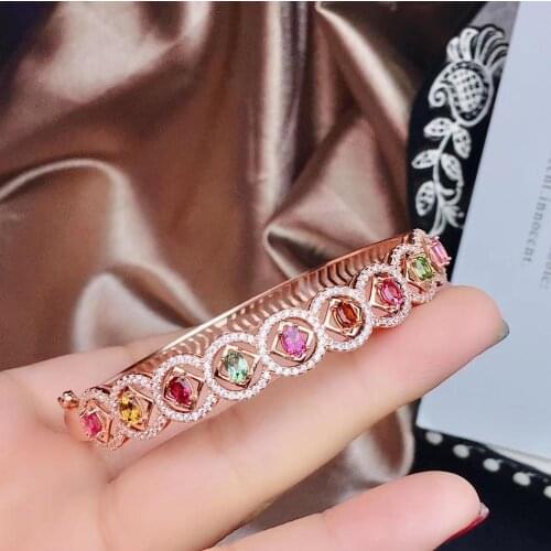 Fashion Square round Natural Multicolor tourmaline Bangles Natural gemstone Bangles S925 silver bracelet women party jewelry
