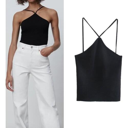 Za 2021 Black Cut Out Knit Basic Crop Top Women Backless Summer Clothes For Woman Sexy Bustier Thin Straps Tank Tops Female