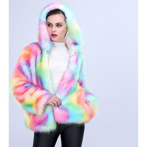 Winter Fashion Imitation Large Short Hooded Fur Coat Street Style Colorful Female Thickened Warm Womens Outwear