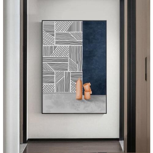 Simple and modern blue abstract line texture art vase sitting room porch mural prints poster canvas decorative picture
