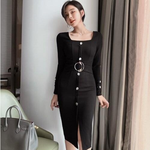 Square Collar Long Sleeves High-end Women Dress Spring Office Black Bodycon Wrap Dresses Office Bandage Vintage Sexy Party Dress