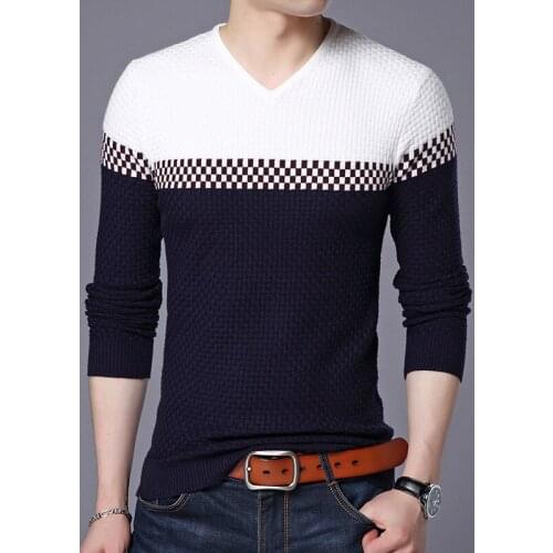 Men Pullover Sweater Fashion V-Neck Casual Knitted Sweaters Spring and Autumn Fit Slim Pullovers Men Patchwork Brand Clothing