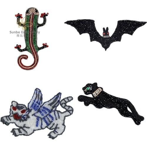Beaded Crystal Gecko Fly Tiger Bat Patches Sew on Badge Decoration Appliques DIY Accessories