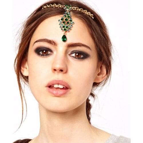 Water Drop Green Crystal Rhinestone Bridal Head Chain With Hair Pin Forehead Indian Headpiece For Women Wedding Hair Jewelry