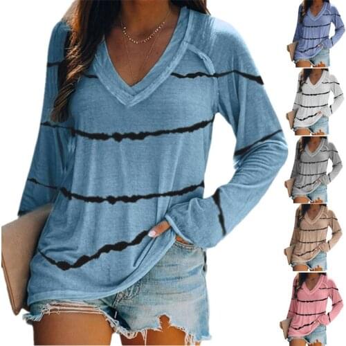 T-shirts Women Femme Tshirts 2021 Autumn tie-dye Stripe Printing V-neck long-sleeved T-shirt Women Dropshipping LDM200928