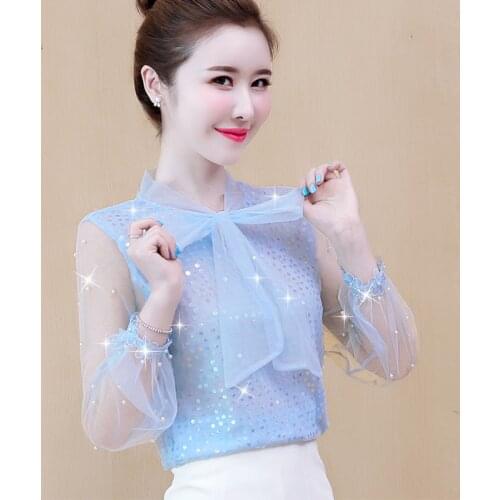 Womens Spring Summer Style Chiffon Blouse Shirt Womens New Long Sleeve Sequined Bow Elegant Casual Tops DD8407