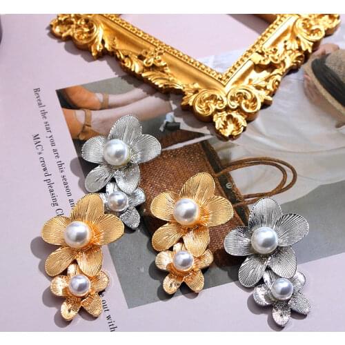 Flatfoosie Imitation Pearl Drop Earrings Female Gold Silver Color Double Flower Exquisite Earring Fashion Temperament Jewelry