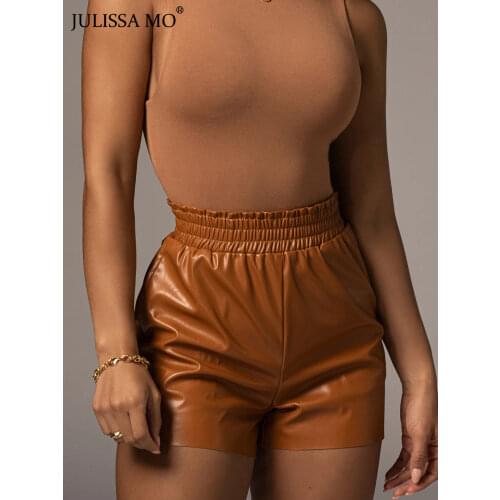 Julissa Mo PU Leather Pockets High Waist Women Shorts 2021 Spring Black Skinny Short Pants Casual Streetwear Basic Female Pant