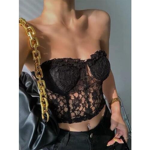Y2k Sexy Cropped Crop Lace Mesh Tube Tank Tops Women Summer Backless Black ves Corset Hook Flower Hollow Trendy Fairy Clothes