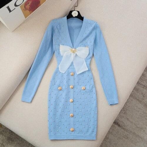 Fall Winter Runway Womens Sweet Knitted Dress Elegant Diamonds Bow Tie Party Streetwear Golden Buttons Pencil Dresses Vestidos