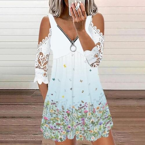 Vintage Zipper Dress Women Summer Foral Printing Sexy Off Shoulder Lace Dress Casual V-neck Short Sleeve Open Back Mini Dresses