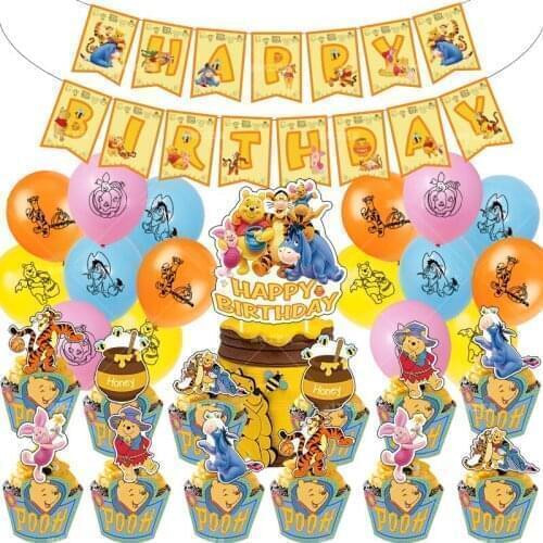 1 Set Disney Winnie The Pooh Theme Party Balloons Happy Birthday Banner Cake Toppers Kids Birthday Party Baby Shower Decor