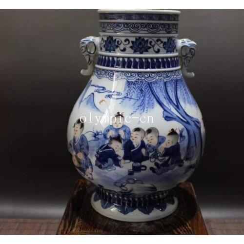 12'' chinese blue and white porcelain hand drawing boys child design jar vase