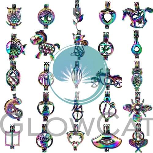 1X Rainbow Colors Beads Cage Horse Lip Burro American Lizard Sports Essential Oil Diffuser Oyster Pearl Cage Locket for Pendant