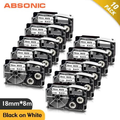 Absonic 10PK for Casio XR-18WE XR18WE 18mm Black on White Label Tape Cassette Compatible Casio Label Maker KL-G2 KL-120 KL-130