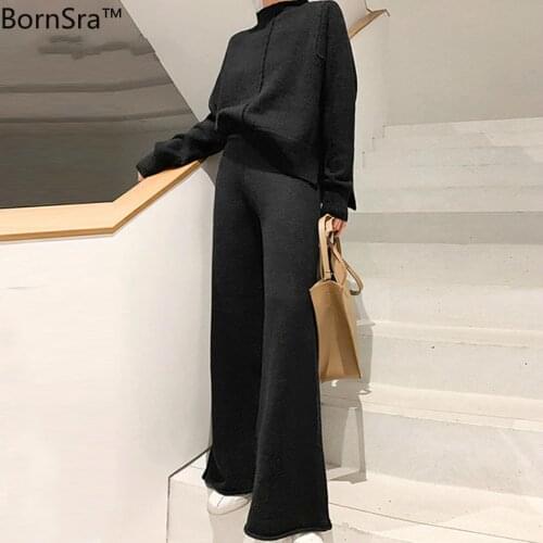 Bornsra Two Piece Set Pullover Sweater Tracksuit Women High Waist Knit Wide Leg Pants Women Suit 2 Piece Set Women Winter 2020