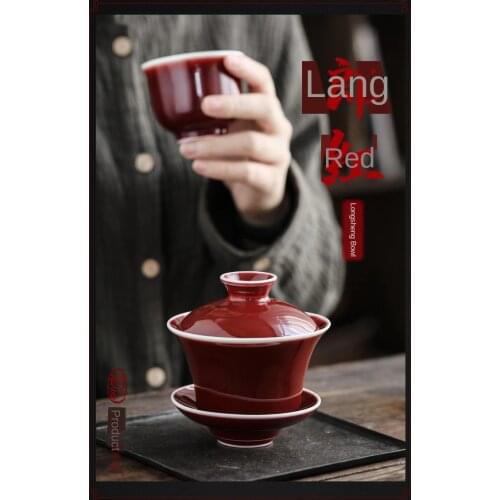 Lang Honglongsheng Cover Bowl Red Glaze Red Porcelain Vintage Inheritance Classical Handmade Zen Three-Force Cover Bowl Gaiwan