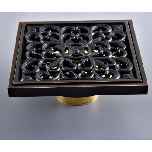 Black Oil Rubbed Brass Carved Flower Pattern Bathroom Shower Drain 4" Square Floor Drain Waste Grates Bathroom Accessory mhr094