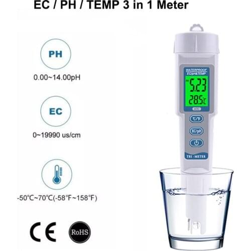 Digital 3 in 1 PH EC TEMP Meter Multi-parameter Drink Water Quality Tester for Swimming Pool Aquarium Laboratory LCD Backlight