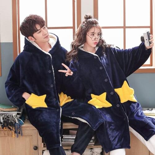 Men Women Flannel Bathrobe Sleepwear Winter Couple Bathrobe Thick Warm Robe Loose Hooded Coat Outerwear (Pants not include)